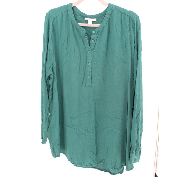 Green Viscose XXL $20 Button Down Long Sleeve Henley Tunic Top - Picture 1 of 8
